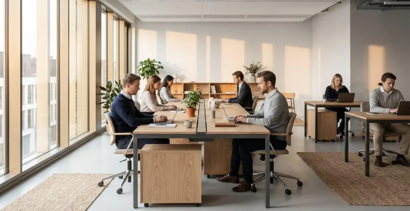 Bureau professionnel moderne avec mobilier durable en bois certifié et structure acier dans un espace de travail contemporain lumineux