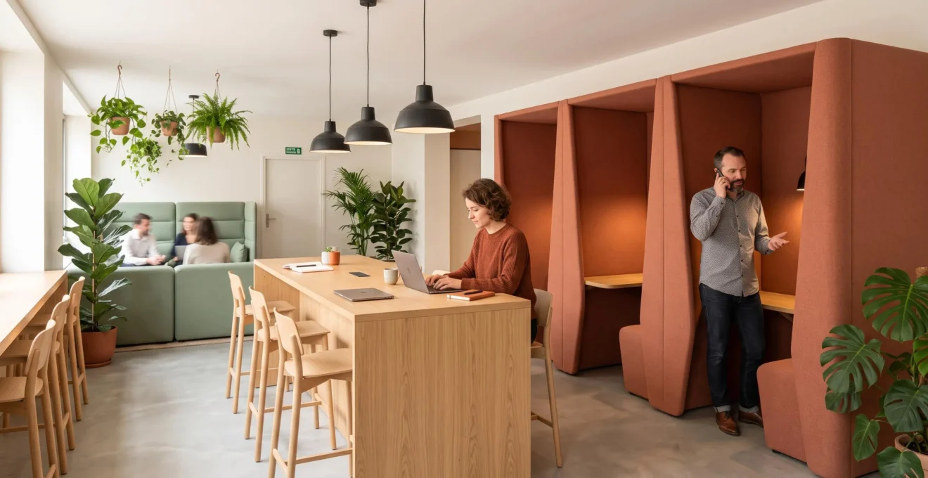 Espace de coworking moderne avec îlot central tables hautes partagées bois clair, alcôves concentration panneaux acoustiques terracotta, assises modulaires vert sauge, végétation suspendue et plantes vertes