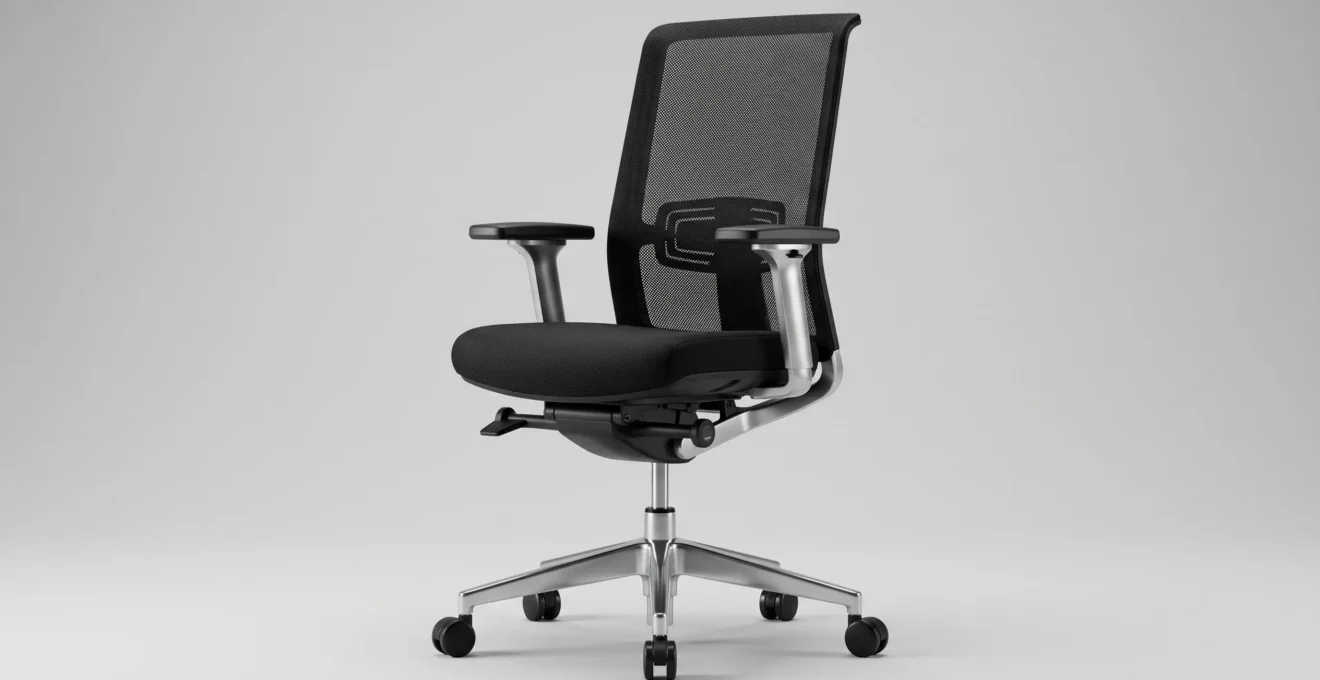 Fauteuil de bureau ergonomique noir avec dossier résille, soutien lombaire réglable, accoudoirs aluminium 3D, mécanisme synchrone et base aluminium poli 5 branches