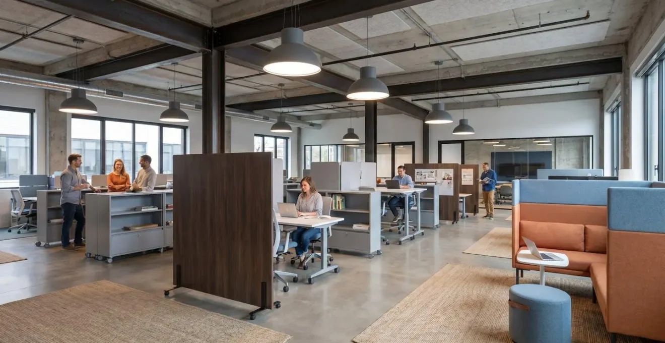 Open space avec mobilier modulaire professionnel permettant différentes configurations selon les besoins