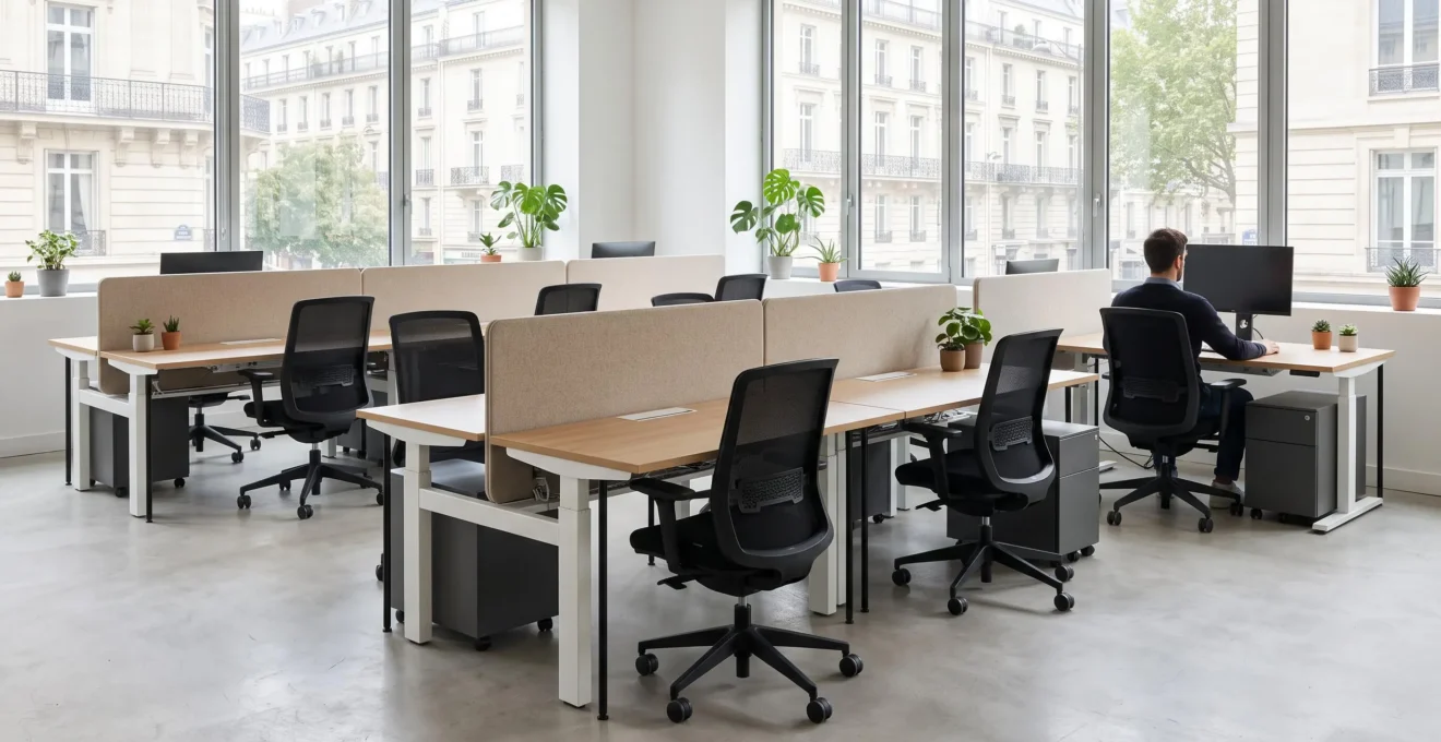 Open space moderne avec postes de travail équipés de bureaux réglables blancs et chêne, fauteuils ergonomiques noirs à dossier résille, rangements mobiles gris et cloisons acoustiques beige, baigné de lumière naturelle