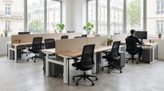 Open space moderne avec postes de travail équipés de bureaux réglables blancs et chêne, fauteuils ergonomiques noirs à dossier résille, rangements mobiles gris et cloisons acoustiques beige, baigné de lumière naturelle