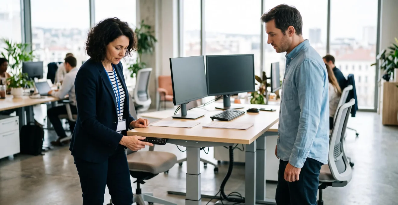 Un professionnel de l'ergonomie ajuste la hauteur d'un bureau électrique réglable pendant l'installation d'un poste de travail