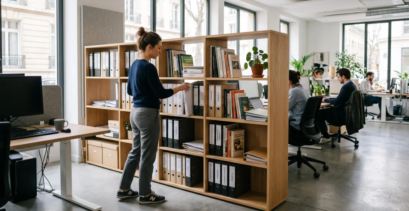 Bibliothèque modulaire servant de séparateur d'espace dans un open space de bureau moderne avec un professionnel rangeant des documents