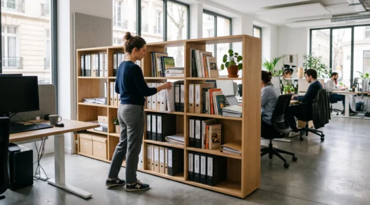 Bibliothèque modulaire servant de séparateur d'espace dans un open space de bureau moderne avec un professionnel rangeant des documents