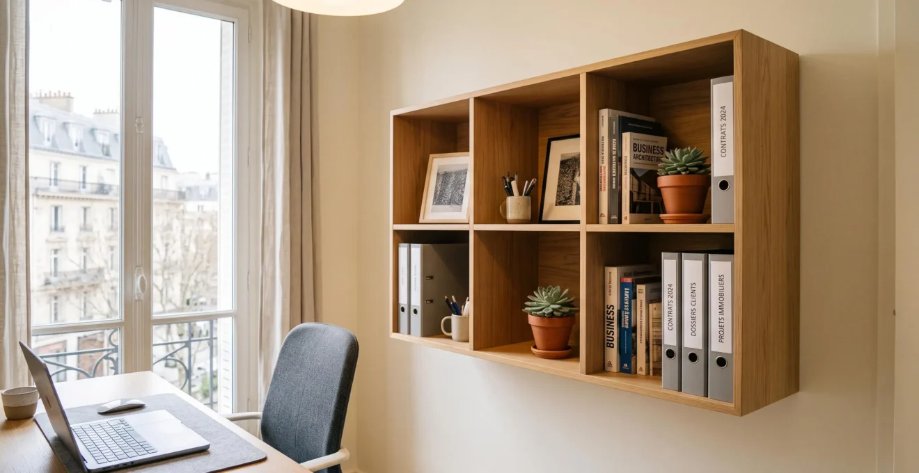 Bibliothèque murale compacte de 3 à 4 cases intégrée dans un bureau individuel optimisant l'espace disponible
