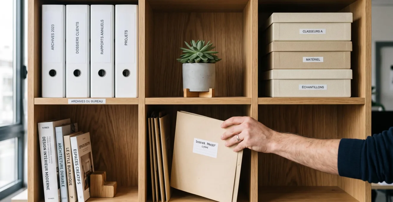 Vue détaillée des compartiments modulaires d'une bibliothèque de bureau avec organisation professionnelle et main rangeant un dossier