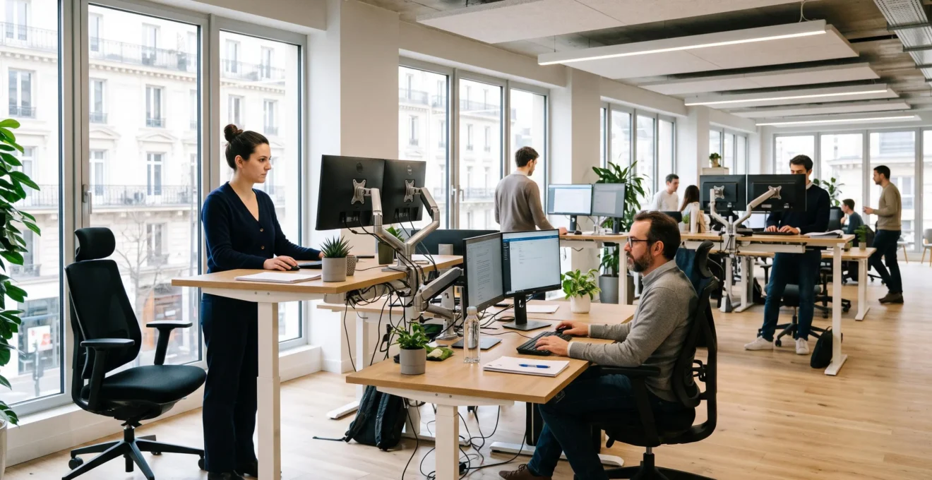Espace de bureau moderne avec plusieurs postes de travail ergonomiques équipés de bureaux réglables en hauteur et employés en postures variées