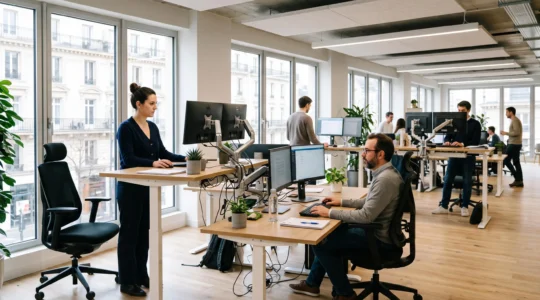 Espace de bureau moderne avec plusieurs postes de travail ergonomiques équipés de bureaux réglables en hauteur et employés en postures variées