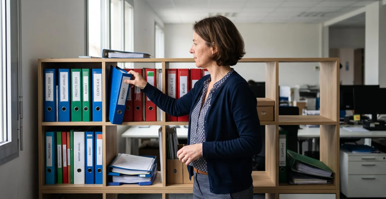 Professionnel debout consultant des dossiers dans une bibliothèque modulaire de bureau en environnement de travail contemporain