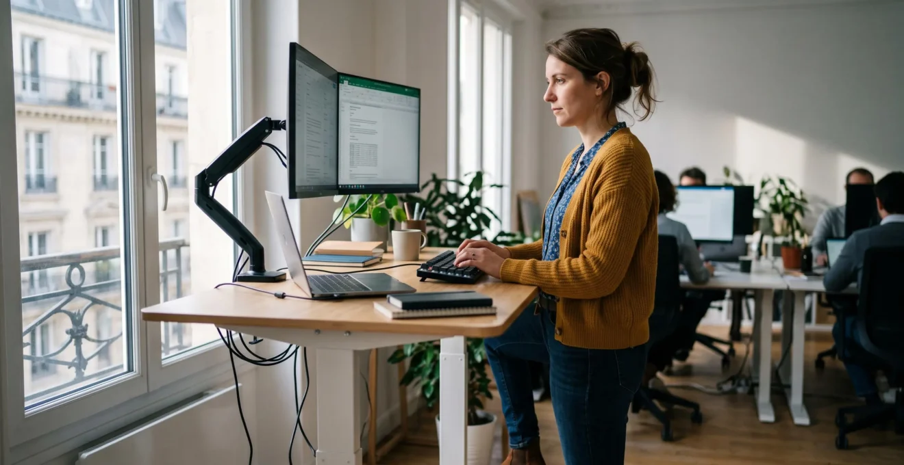 Employé travaillant en position debout à un bureau réglable en hauteur dans une posture ergonomique naturelle